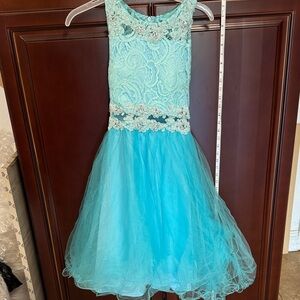 Elegant Aqua Blue Lace Kids Dress Wedding Flower Girl dress size 16 Rhinestones